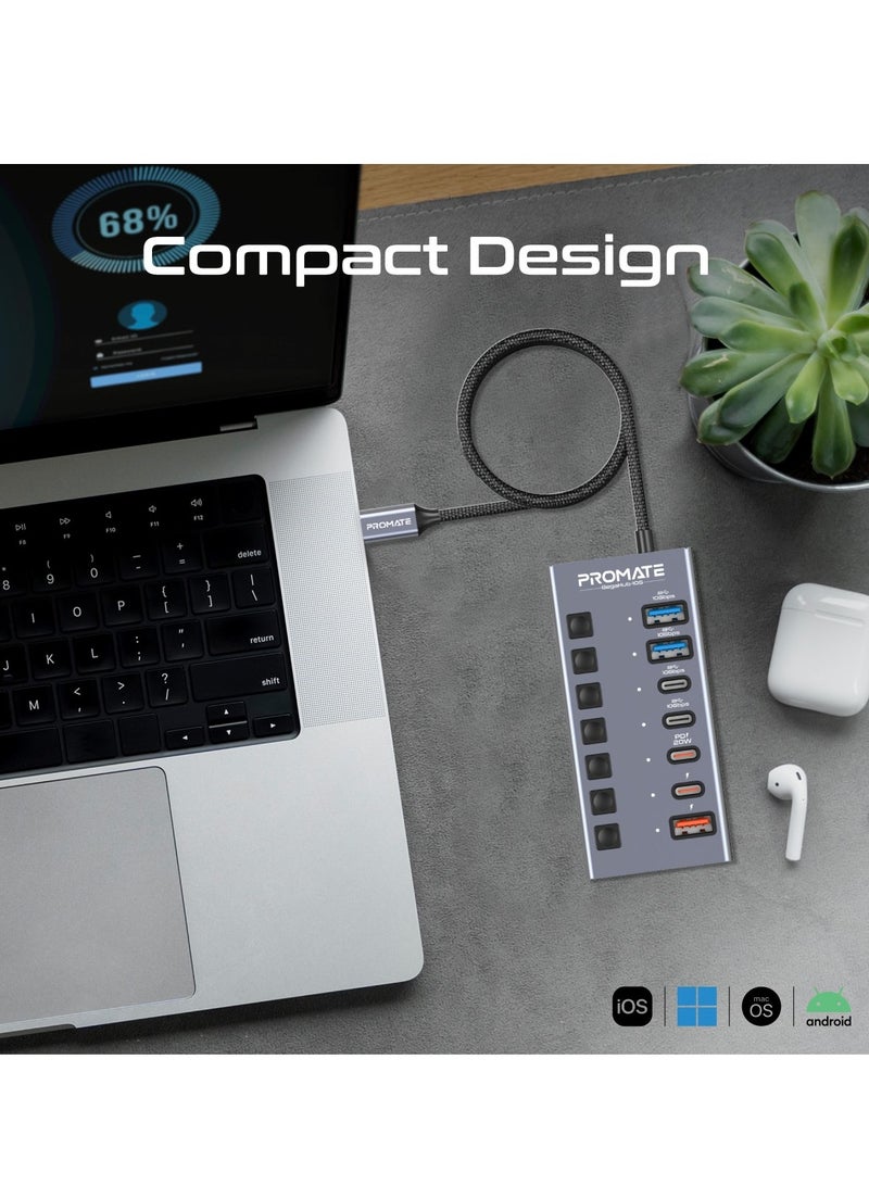 PROMATE 7-in-1 USB-C Multiport Hub,  Dual USB-C And USB-A Ports With 10Gbps Data Transfer, Fast Charging USB-C And USB-A Ports, 20W USB-C PD Port, Individual Power Switch And Plug And Play, Gegahub-10G Grey  - Image 2