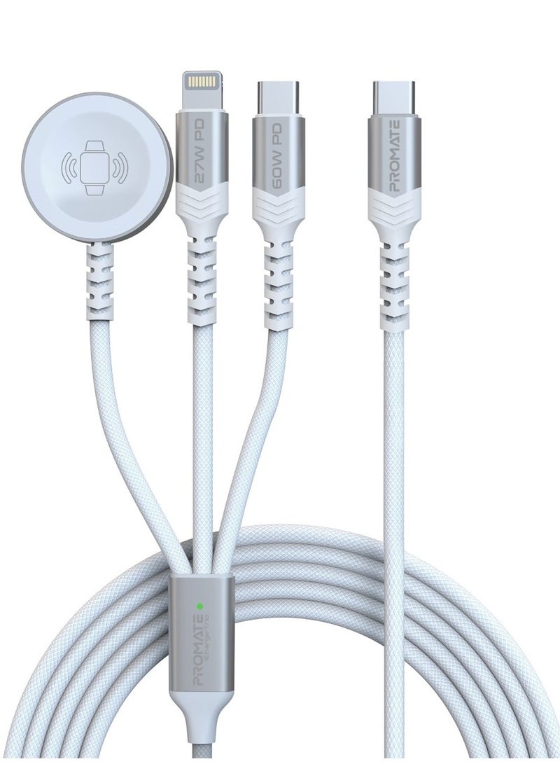 PROMATE - 5-in-1 Multiple Charging Cable, Ultra-Fast 60W USB-C To USB-C, 27W Lightning Connector, And Apple Watch Charger, 480Mbps Data Transfer, Durable Fabric Braided And 1.5M Long, Icharge-Trio White - Image 1
