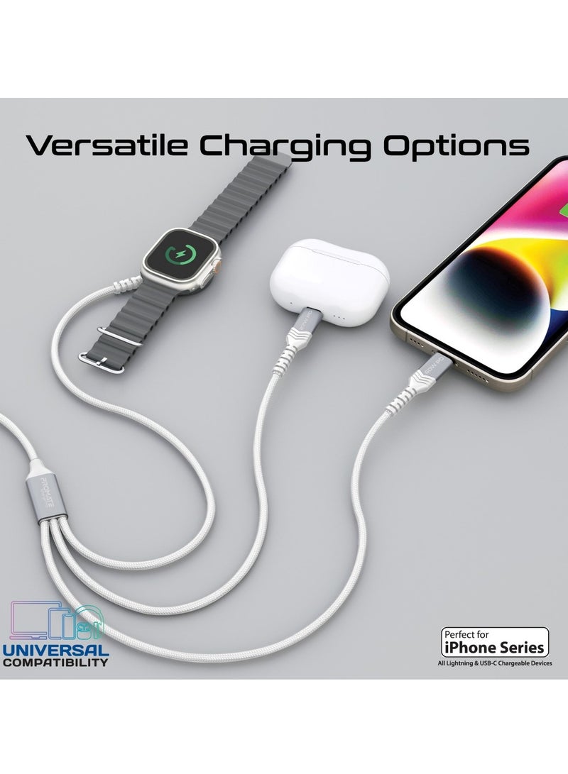 PROMATE - 5-in-1 Multiple Charging Cable, Ultra-Fast 60W USB-C To USB-C, 27W Lightning Connector, And Apple Watch Charger, 480Mbps Data Transfer, Durable Fabric Braided And 1.5M Long, Icharge-Trio White - Image 1
