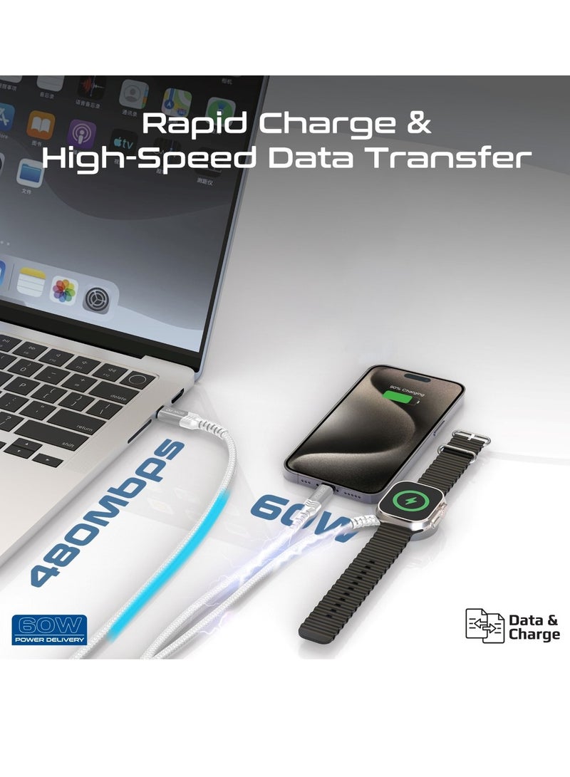 PROMATE - 5-in-1 Multiple Charging Cable, Ultra-Fast 60W USB-C To USB-C, 27W Lightning Connector, And Apple Watch Charger, 480Mbps Data Transfer, Durable Fabric Braided And 1.5M Long, Icharge-Trio White - Image 1