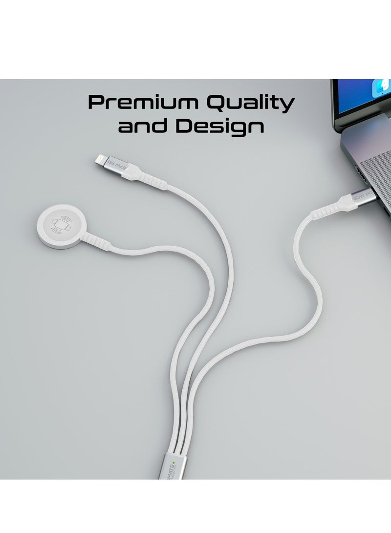 PROMATE - 5-in-1 Multiple Charging Cable, Ultra-Fast 60W USB-C To USB-C, 27W Lightning Connector, And Apple Watch Charger, 480Mbps Data Transfer, Durable Fabric Braided And 1.5M Long, Icharge-Trio White - Image 1