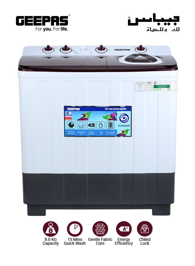 GEEPAS 8 Kg Twin Tub Semi-Automatic Washing Machine | Air Dry, 560W Powerful Motor | Strong Pulsator, Dual Wash/Spin Tub | White/Black/Red 8 kg 560 W GSWM18047 White - Image 2
