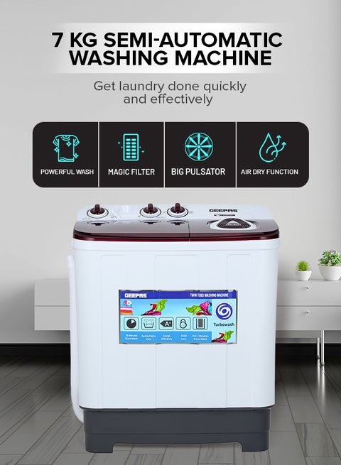 TwinTub Semi- Automatic 7 Kg Washing Machine |  Top Load Semi Automatic Washing Machine Quick Turbo Wash |Transparent Top Lid 7 kg 350 W GSWM18041 White/Grey/Meroon 7 kg 350 W GSWM18041 White/Grey/Meroon