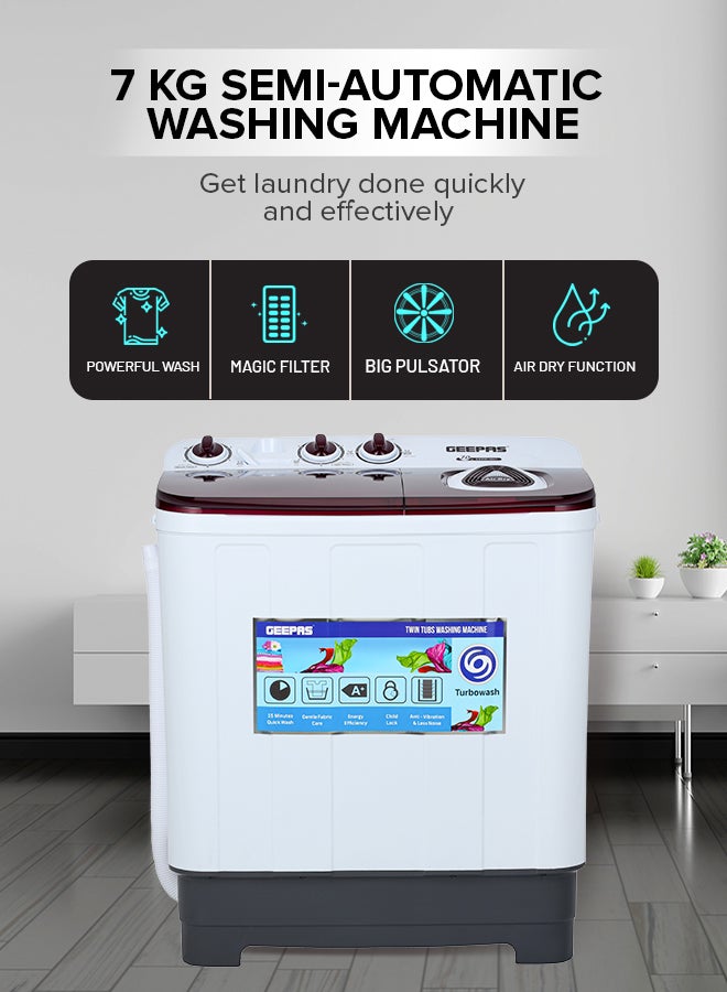 GEEPAS - TwinTub Semi- Automatic 7 Kg Washing Machine |  Top Load Semi Automatic Washing Machine Quick Turbo Wash |Transparent Top Lid 7 kg 350 W GSWM18041 White/Grey/Meroon - Image 1