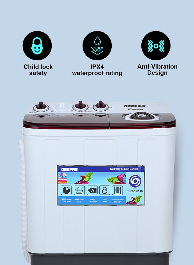 GEEPAS - TwinTub Semi- Automatic 7 Kg Washing Machine |  Top Load Semi Automatic Washing Machine Quick Turbo Wash |Transparent Top Lid 7 kg 350 W GSWM18041 White/Grey/Meroon - Image 1