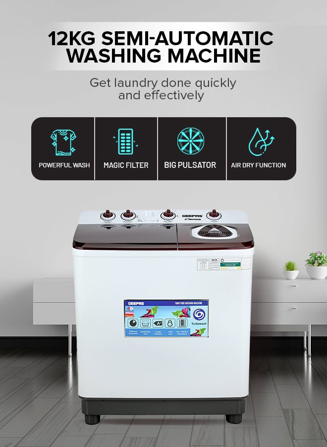 GEEPAS TwinTub Semi-Automatic 15 Kg Washing Machine |  Top Load Semi Automatic Washing Machine Quick Turbo Wash |Transparent Top Lid | 15 kg 460 W GSWM18044 White/Grey/Meroon 15 kg 460 W GSWM18044 White/Grey/Meroon  - Image 1