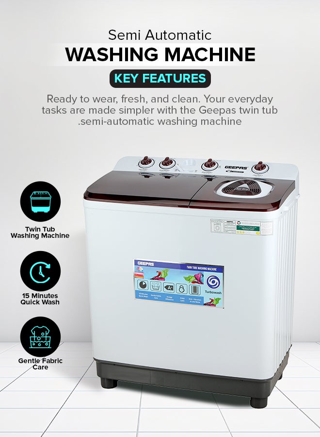 GEEPAS TwinTub Semi-Automatic 15 Kg Washing Machine |  Top Load Semi Automatic Washing Machine Quick Turbo Wash |Transparent Top Lid | 15 kg 460 W GSWM18044 White/Grey/Meroon 15 kg 460 W GSWM18044 White/Grey/Meroon  - Image 2