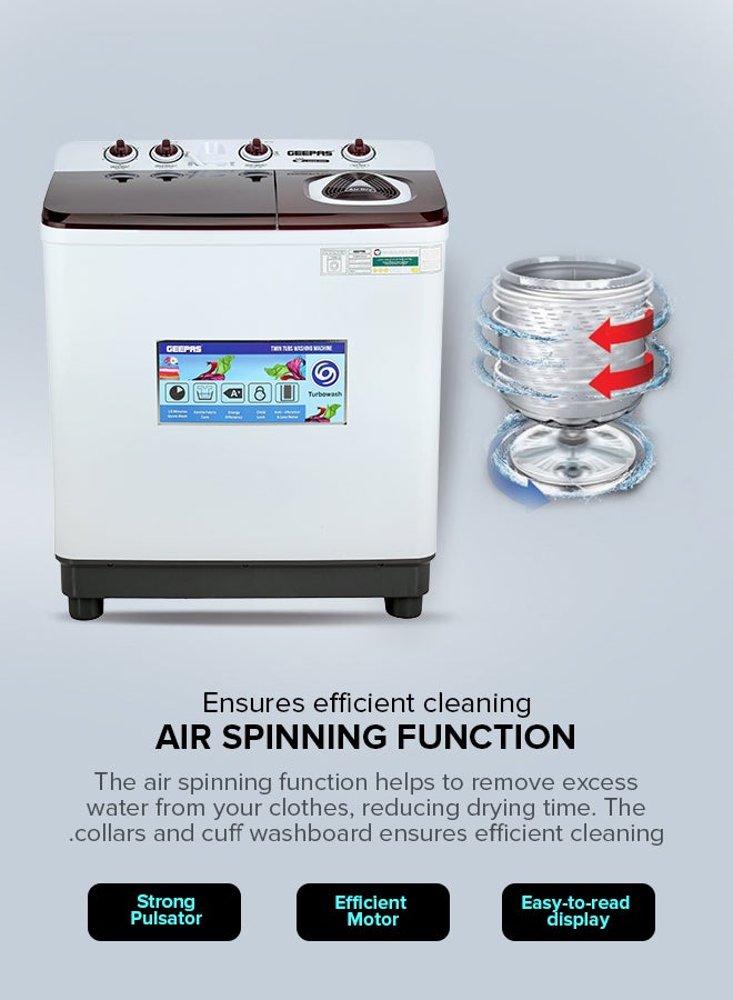 GEEPAS TwinTub Semi-Automatic 15 Kg Washing Machine |  Top Load Semi Automatic Washing Machine Quick Turbo Wash |Transparent Top Lid | 15 kg 460 W GSWM18044 White/Grey/Meroon 15 kg 460 W GSWM18044 White/Grey/Meroon  - Image 3