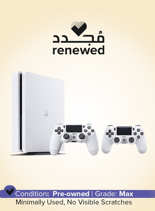 سوني تم تجديده - جهاز بلاي ستيشن 4 بسعة 500 جيجابايت باللون الأبيض النحيف مع وحدتي تحكم - Image 1