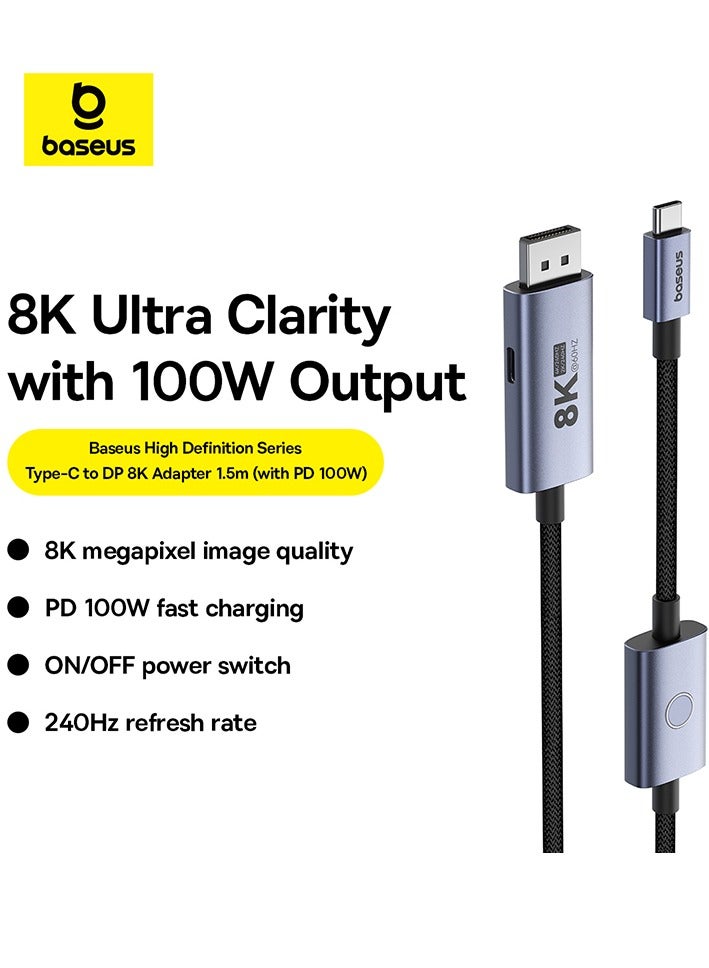 Baseus - USB C to DisplayPort 1.5m Cable(8K@60Hz 4K@240Hz), USB Type-C to DP Adapter Thunderbolt 3/4 Compatible with iPhone 15 Pro/Max/MacBook Pro/Air 2023/iPad Pro/iMac/S24/XPS 17 and More 100W Charging Black - Image 1