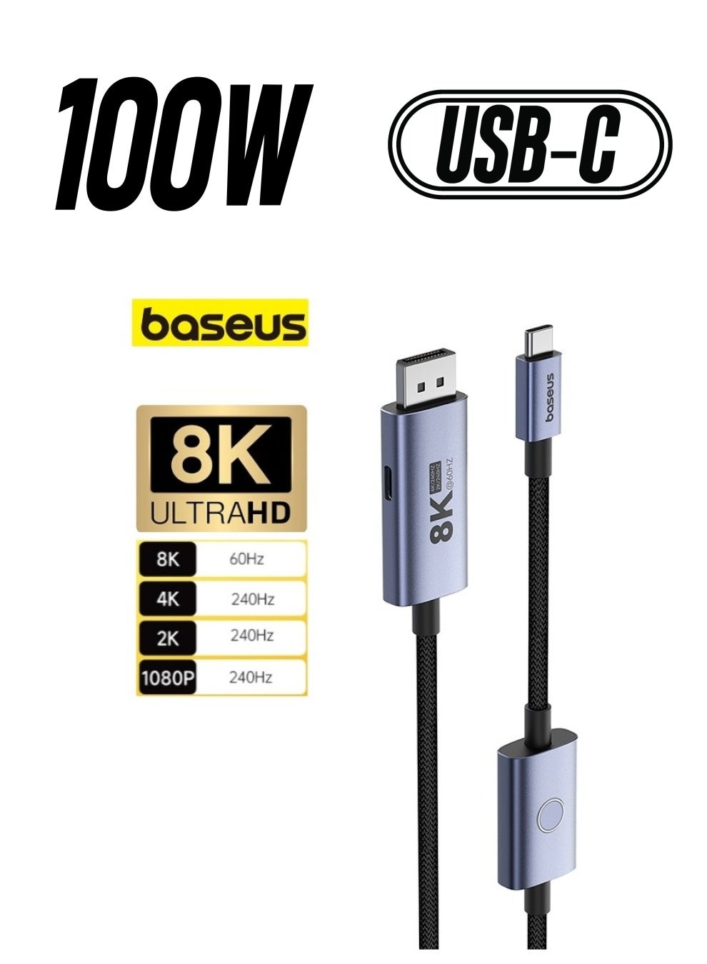 USB C to DisplayPort 1.5m Cable(8K@60Hz 4K@240Hz), USB Type-C to DP Adapter Thunderbolt 3/4 Compatible with iPhone 15 Pro/Max/MacBook Pro/Air 2023/iPad Pro/iMac/S24/XPS 17 and More 100W Charging Black