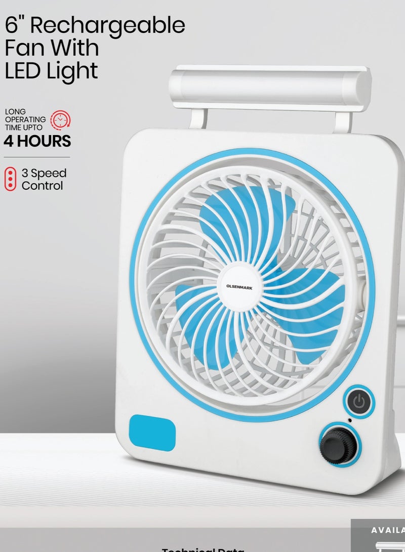 Olsenmark 6-Inch Rechargeable Mini Fan With LED Light Long Working Hours And 2 Lights High Performance 1800mAh Battery OMF1875 White 