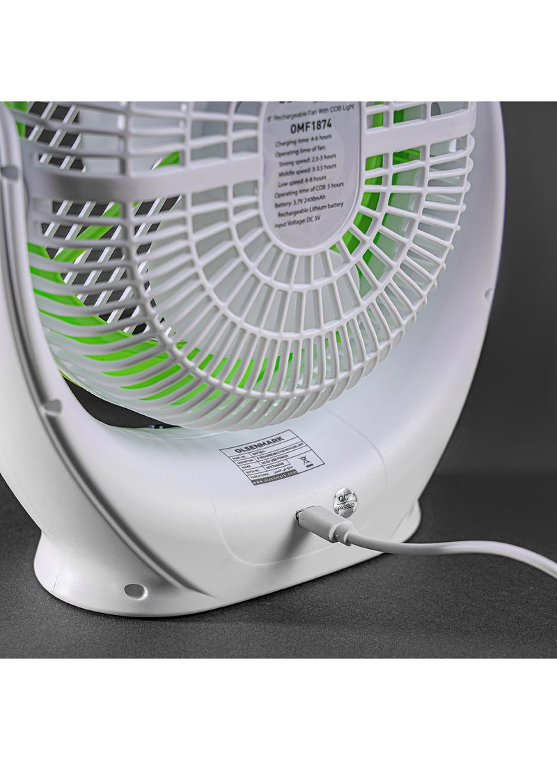 6-Inch Rechargeable Mini Fan With COB Light Long Working Hours And 3 Wind Speed High Performance 2400mAh Lithium Battery OMF1874 Multicolour