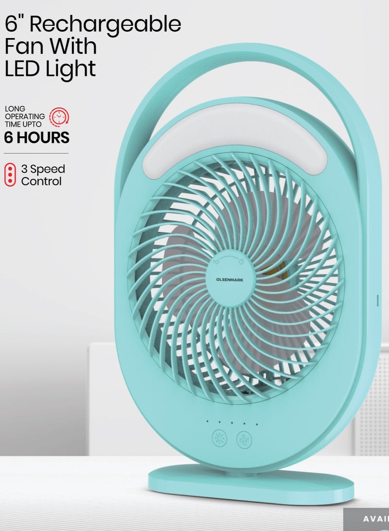 أولسنمارك مروحة صغيرة قابلة للشحن مقاس 6 بوصة مع ضوء LED لساعات عمل طويلة و3 سرعات رياح عالية الأداء وبطارية ليثيوم 2400 مللي أمبير في الساعة 