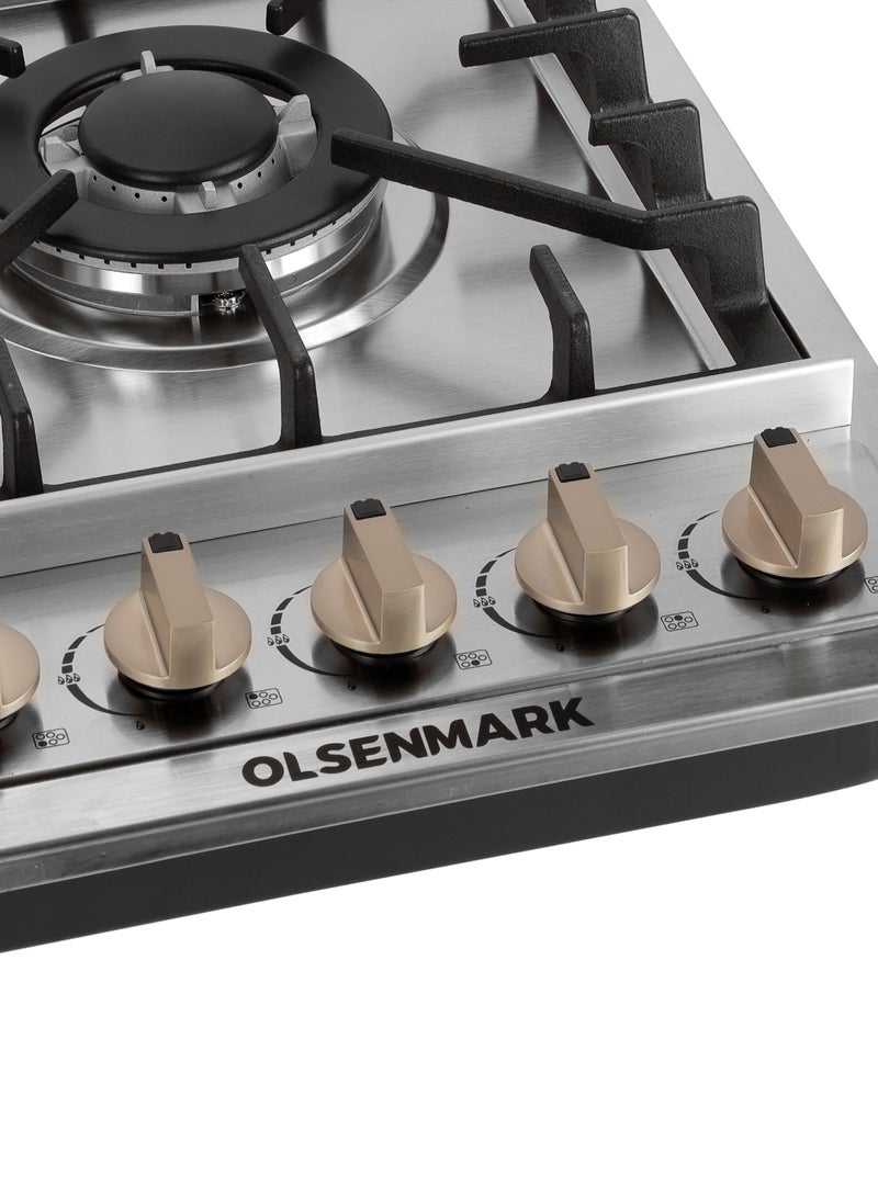 Olsenmark - 5 in 1 Gas Hob, 5 Burners Stove with Auto Impulse Ignition, Triple Ring, Rapid, Semi-Rapid and Auxiliary Burners, Low Consumption OMK7034 Silver - Image 1