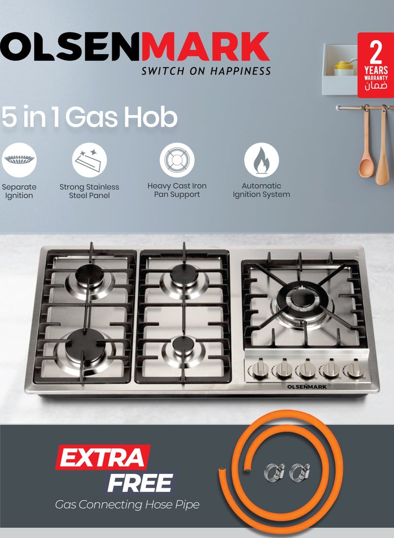 Olsenmark - 5 in 1 Gas Hob, 5 Burners Stove with Auto Impulse Ignition, Triple Ring, Rapid, Semi-Rapid and Auxiliary Burners, Low Consumption OMK7034 Silver - Image 1