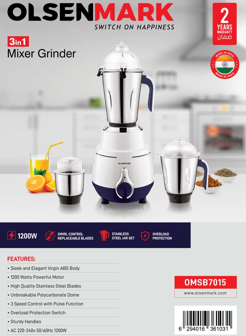 Olsenmark - 3 IN 1 Mixer Grinder with 1200 W Powerful Motor with Stainless Steel Jars and Blades, Unbreakable Polycarbonate Jar Caps, Ergonomic Design, Overload Protector 0.01 L 1200 W OMSB7015 White - Image 1