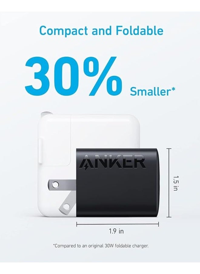 شاحن Anker 30W USB-C، شاحن Anker 312 بتصميم مدمج وقابل للطي، شاحن سريع 30W لسلسلة iPhone 15/14/13/12، وSamsung S24 / S23، وMacBook Air، وPixelbook، وiPad Pro، والمزيد