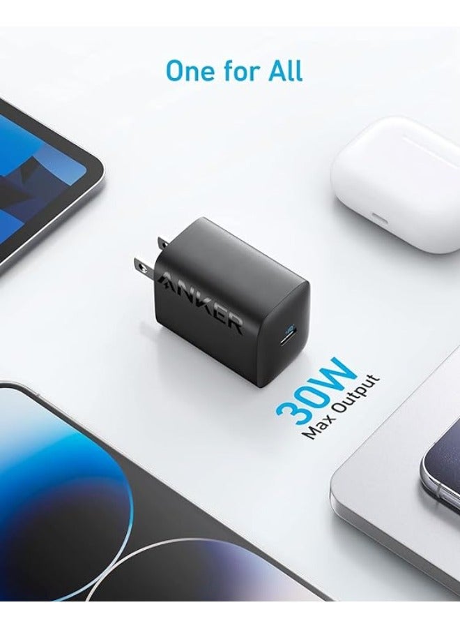 شاحن Anker 30W USB-C، شاحن Anker 312 بتصميم مدمج وقابل للطي، شاحن سريع 30W لسلسلة iPhone 15/14/13/12، وSamsung S24 / S23، وMacBook Air، وPixelbook، وiPad Pro، والمزيد