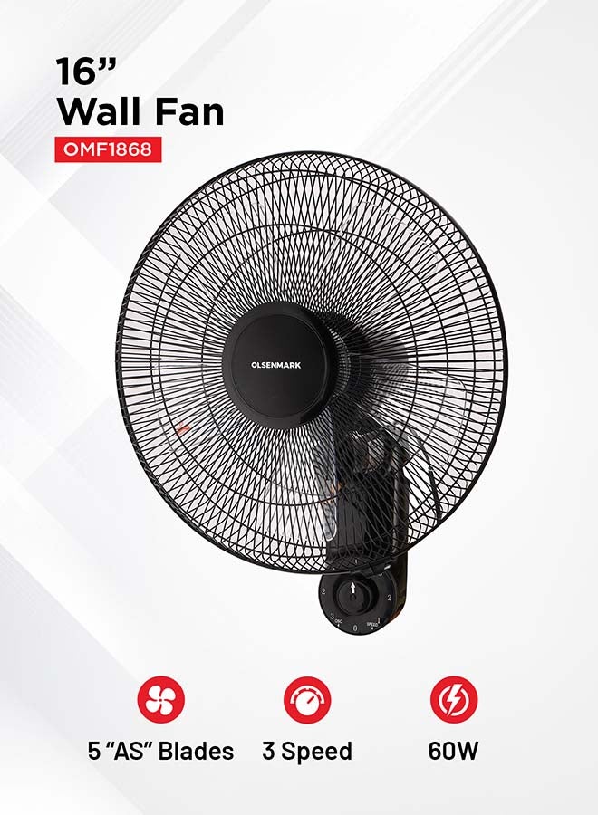 Olsenmark - 16-Inch Wall Fan 60W Motor With 3-Speed Controls 5 AS Blades And 2 Pull String Cords 60 W OMF1868 Black - Image 1
