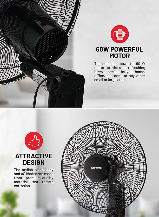 Olsenmark - 16-Inch Wall Fan 60W Motor With 3-Speed Controls 5 AS Blades And 2 Pull String Cords 60 W OMF1868 Black - Image 1