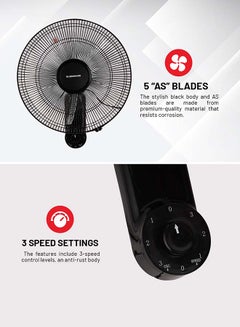 Olsenmark 16-Inch Wall Fan 60W Motor With 3-Speed Controls 5 AS Blades And 2 Pull String Cords 60 W OMF1868 Black  - Image 2