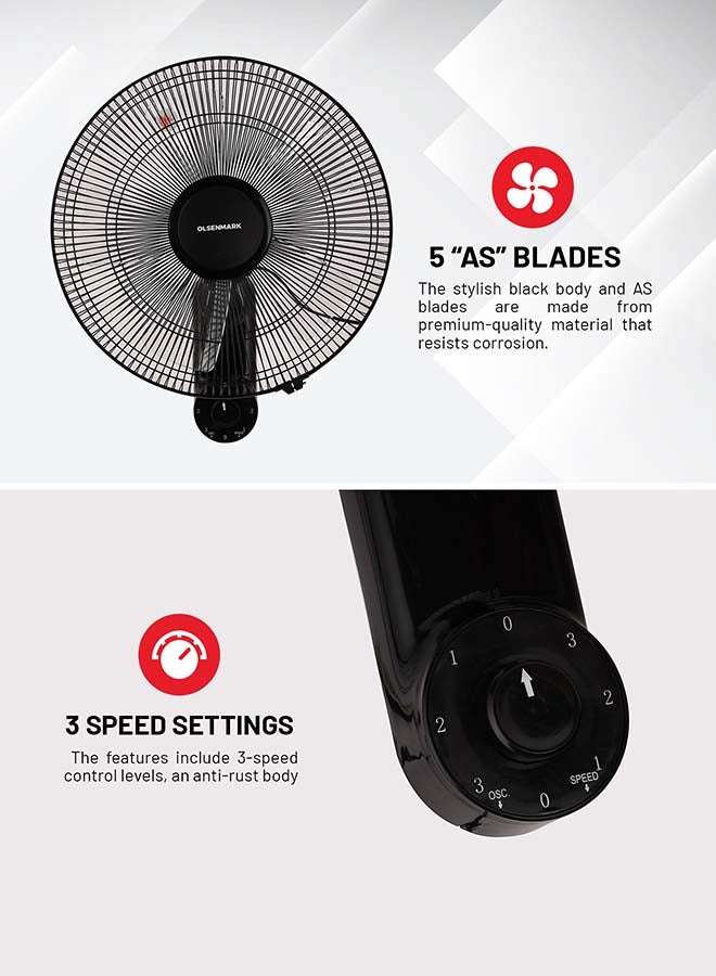 Olsenmark - 16-Inch Wall Fan 60W Motor With 3-Speed Controls 5 AS Blades And 2 Pull String Cords 60 W OMF1868 Black - Image 1