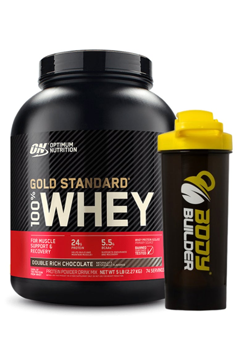 Optimum Nutrition Gold Standard 100% Whey Protein Powder-Double Rich Chocolate, 5 Lbs, 74 Servings (2.27 KG)+Body Builder Shaker 700ml 