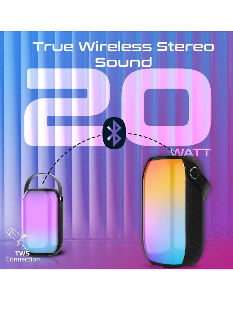 بروميت - مكبر صوت بلوتوث، مكبر صوت محمول لاسلكي عالي الدقة بقوة 20 وات مع أضواء RGB، مقاوم للماء IPX5، وقت تشغيل طويل، تنقل سريع للموسيقى، منفذ USB، فتحة بطاقة TF ومقبض علوي، Spectro-20 - Image 1