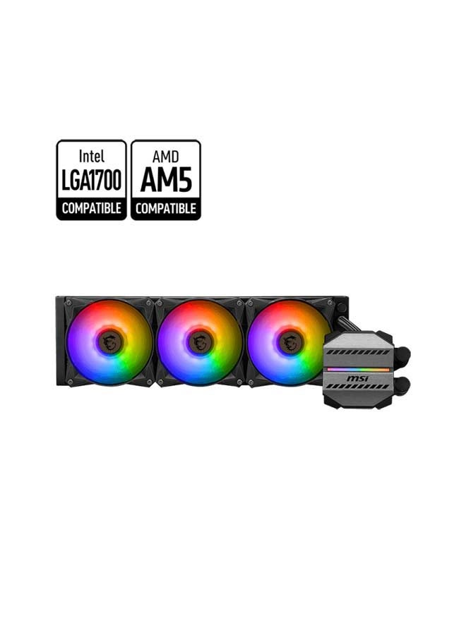 إم اس أي مبرد سائل MAG CORELIQUID M360 AIO، مبرد 360 مم، 78.73 CFM، سرعة المروحة 2000 دورة في الدقيقة، 3 مراوح ARGB 120 مم، محمل كروي، صفيحة نحاسية مرتفعة، أنابيب مقواة، أسود | 306-7ZW4R24-813  - Image 1