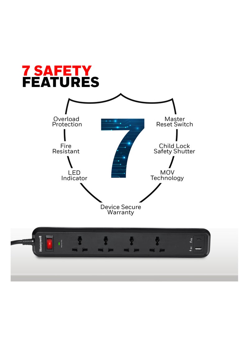 4 Out Surge Protector With Master Switch, Spike Guard/Extension board/Power Strip, 4 Outlet, PD18W And USB, 525 Joules, 2 Meter Cord, DSW, Automatic Overload Protection, 3 Yrs Manufacturer Warranty Black-Value series