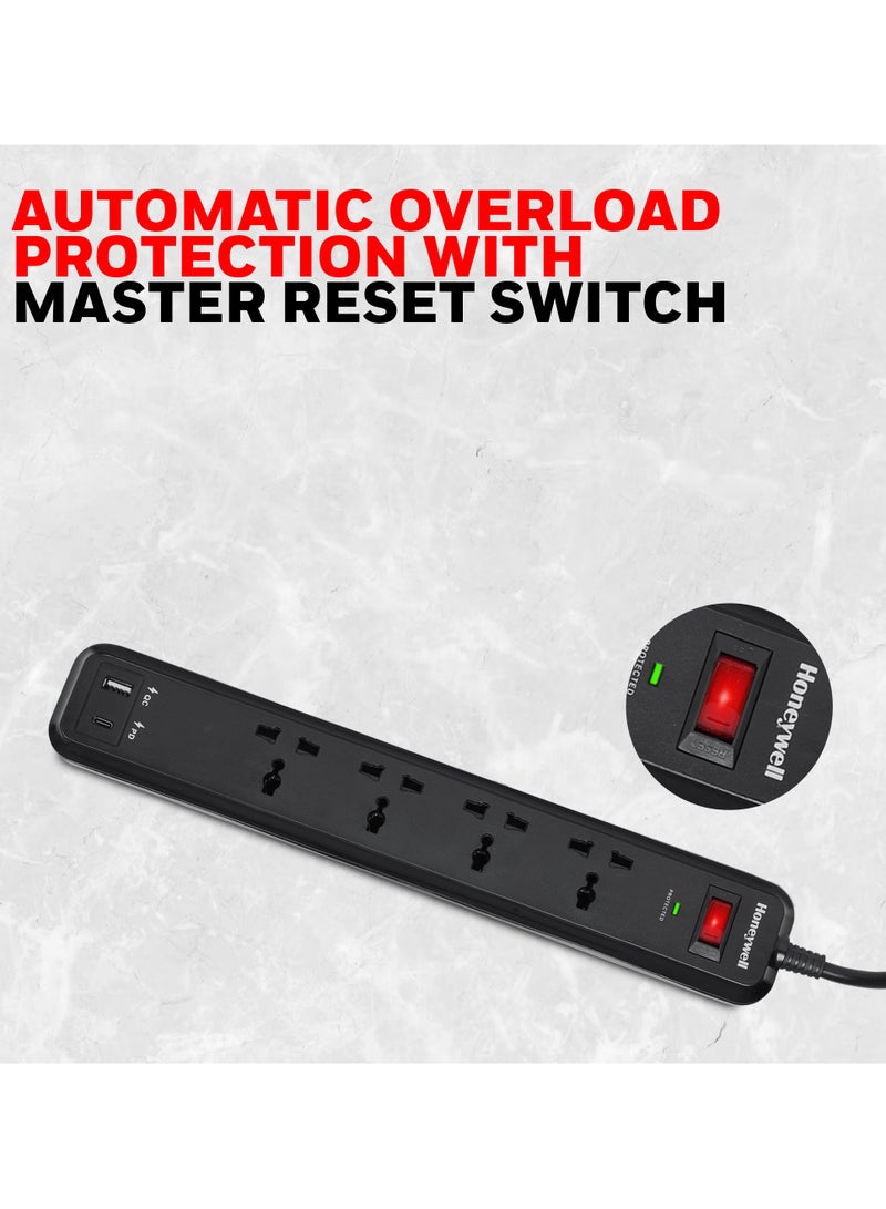 4 Out Surge Protector With Master Switch, Spike Guard/Extension board/Power Strip, 4 Outlet, PD18W And USB, 525 Joules, 2 Meter Cord, DSW, Automatic Overload Protection, 3 Yrs Manufacturer Warranty Black-Value series