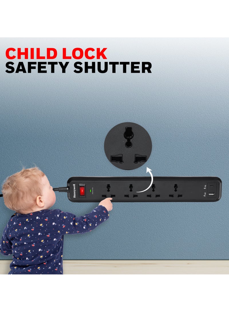4 Out Surge Protector With Master Switch, Spike Guard/Extension board/Power Strip, 4 Outlet, PD18W And USB, 525 Joules, 2 Meter Cord, DSW, Automatic Overload Protection, 3 Yrs Manufacturer Warranty Black-Value series