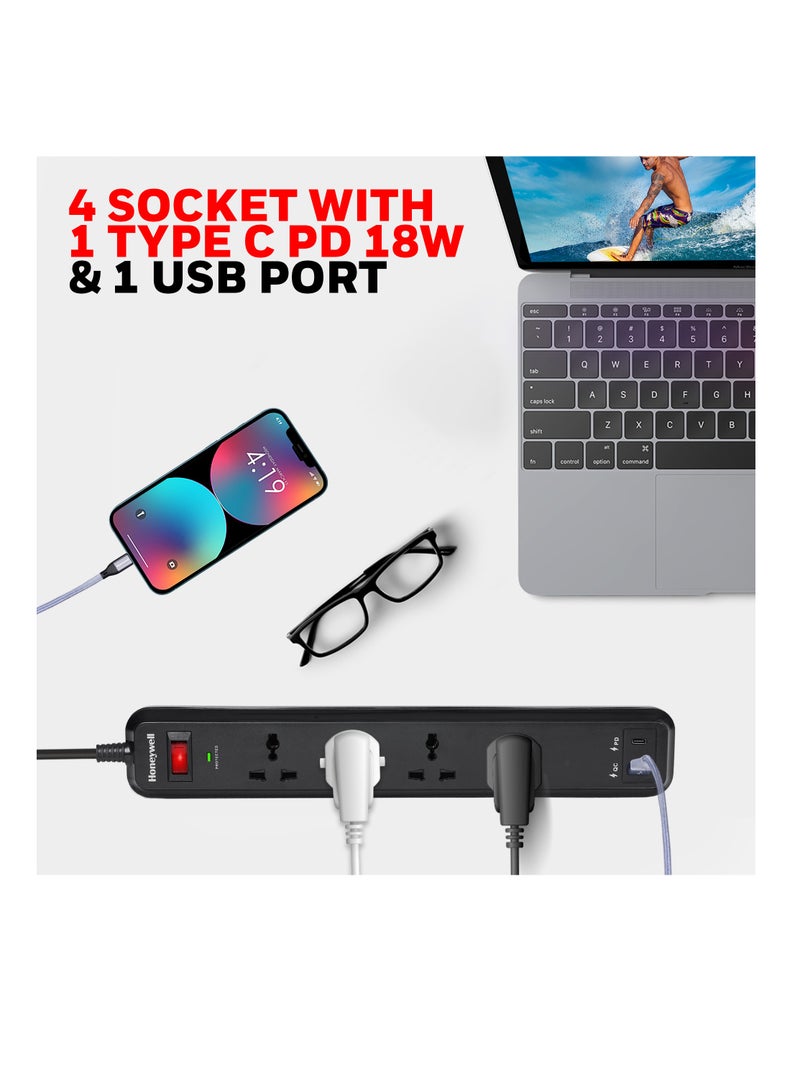 4 Out Surge Protector With Master Switch, Spike Guard/Extension board/Power Strip, 4 Outlet, PD18W And USB, 525 Joules, 2 Meter Cord, DSW, Automatic Overload Protection, 3 Yrs Manufacturer Warranty Black-Value series