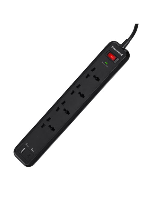 4 Out Surge Protector With Master Switch, Spike Guard/Extension board/Power Strip, 4 Outlet, PD18W And USB, 525 Joules, 2 Meter Cord, DSW, Automatic Overload Protection, 3 Yrs Manufacturer Warranty Black-Value series