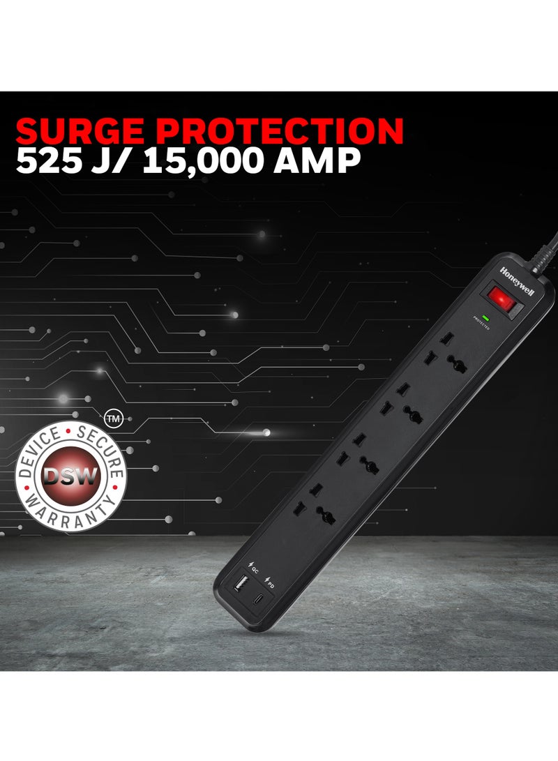 4 Out Surge Protector With Master Switch, Spike Guard/Extension board/Power Strip, 4 Outlet, PD18W And USB, 525 Joules, 2 Meter Cord, DSW, Automatic Overload Protection, 3 Yrs Manufacturer Warranty Black-Value series