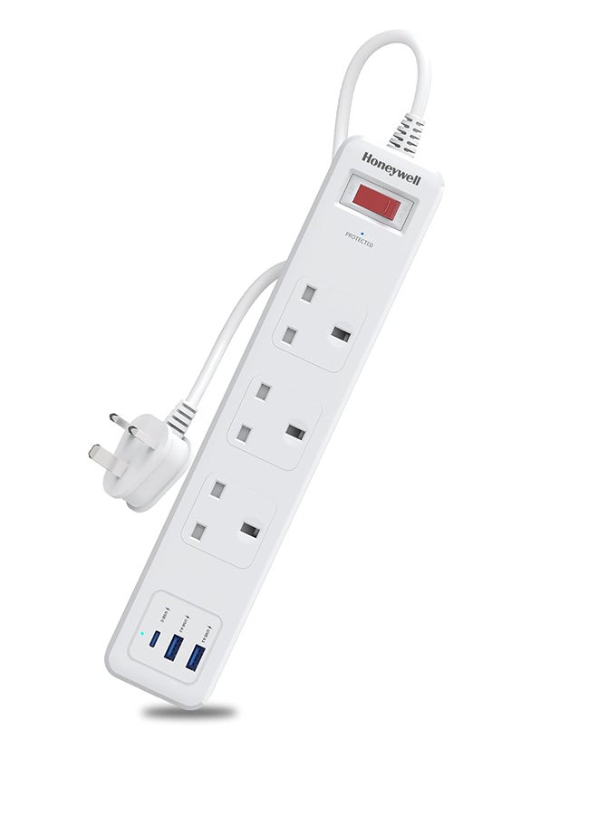 Honeywell 3 Out Surge Protector With Master Switch Spike Guard/Extension Board/Power Strip 3 Outlet Pd20W And 2Xusb 471 Joules 1.8 Meter Extension Cord Dsw Automatic Over Heat And Overcurrent Protection 3 Yrs Manufacturer Warranty White White-Platinum Series  - Image 1
