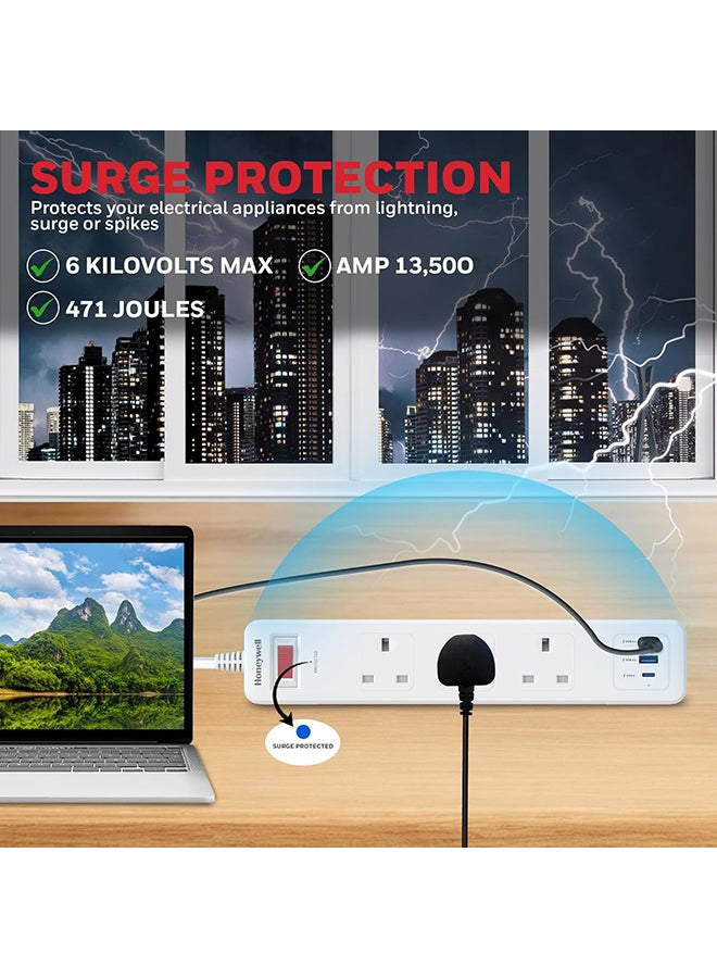 Honeywell 3 Out Surge Protector With Master Switch Spike Guard/Extension Board/Power Strip 3 Outlet Pd20W And 2Xusb 471 Joules 1.8 Meter Extension Cord Dsw Automatic Over Heat And Overcurrent Protection 3 Yrs Manufacturer Warranty White White-Platinum Series  - Image 2