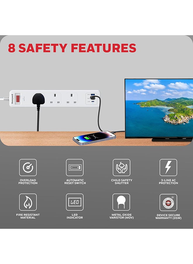 Honeywell 3 Out Surge Protector With Master Switch Spike Guard/Extension Board/Power Strip 3 Outlet Pd20W And 2Xusb 471 Joules 1.8 Meter Extension Cord Dsw Automatic Over Heat And Overcurrent Protection 3 Yrs Manufacturer Warranty White White-Platinum Series  - Image 4