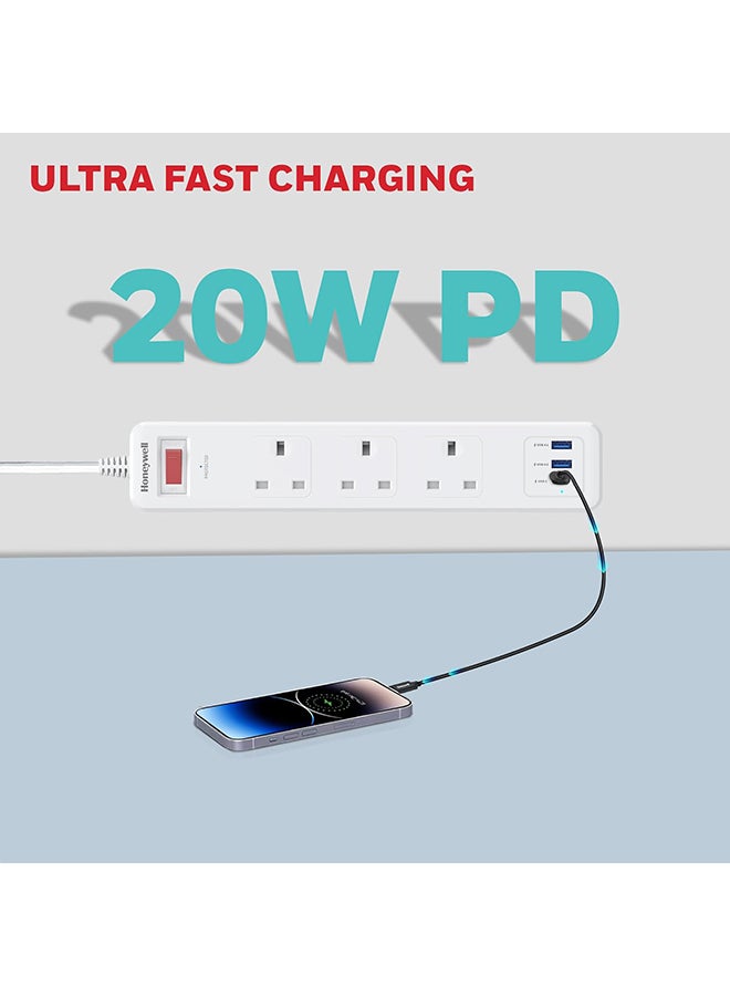 Honeywell 3 Out Surge Protector With Master Switch Spike Guard/Extension Board/Power Strip 3 Outlet Pd20W And 2Xusb 471 Joules 1.8 Meter Extension Cord Dsw Automatic Over Heat And Overcurrent Protection 3 Yrs Manufacturer Warranty White White-Platinum Series  - Image 5