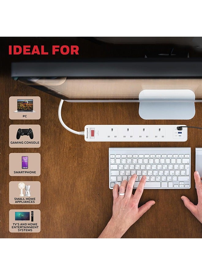 Honeywell - 4 Out Surge Protector With Master Switch Spike Guard/Extension Board/Power Strip 4 Outlet Pd20W And 2Xusb 471 Joules 1.8 Extension Meter Cord Dsw Automatic Over Heat And Overcurrent Protection 3 Yrs Manufacturer Warranty Whiteplatinum Series White-Platinum Series - Image 1