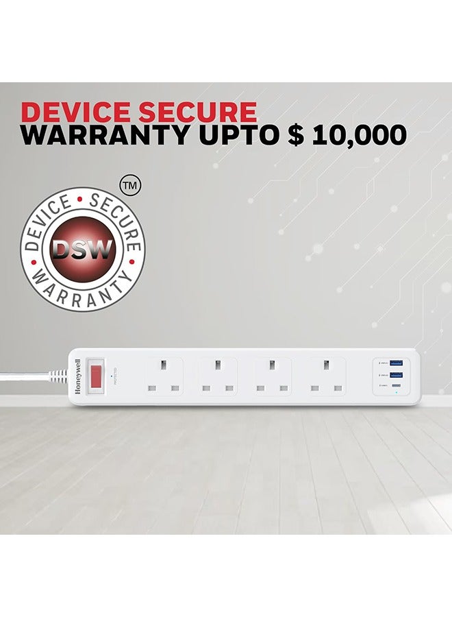 Honeywell - 4 Out Surge Protector With Master Switch Spike Guard/Extension Board/Power Strip 4 Outlet Pd20W And 2Xusb 471 Joules 1.8 Extension Meter Cord Dsw Automatic Over Heat And Overcurrent Protection 3 Yrs Manufacturer Warranty Whiteplatinum Series White-Platinum Series - Image 1