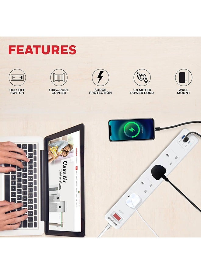 Honeywell - 4 Out Surge Protector With Master Switch Spike Guard/Extension Board/Power Strip 4 Outlet Pd20W And 2Xusb 471 Joules 1.8 Extension Meter Cord Dsw Automatic Over Heat And Overcurrent Protection 3 Yrs Manufacturer Warranty Whiteplatinum Series White-Platinum Series - Image 1