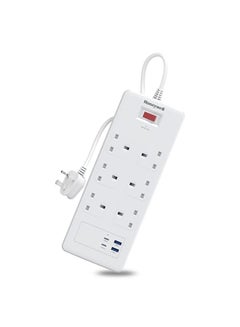 Honeywell 6 Out Surge Protector With Master Switch, Spike Guard/Extension board/Power Strip, 6 Outlet, 2xPD20W And 2xUSB, 1050 Joules, 1.8 Meter Cord, DSW, Automatic Overload Protection, 3 Yrs Manufacturer Warranty White-Platinum Series  - Image 1