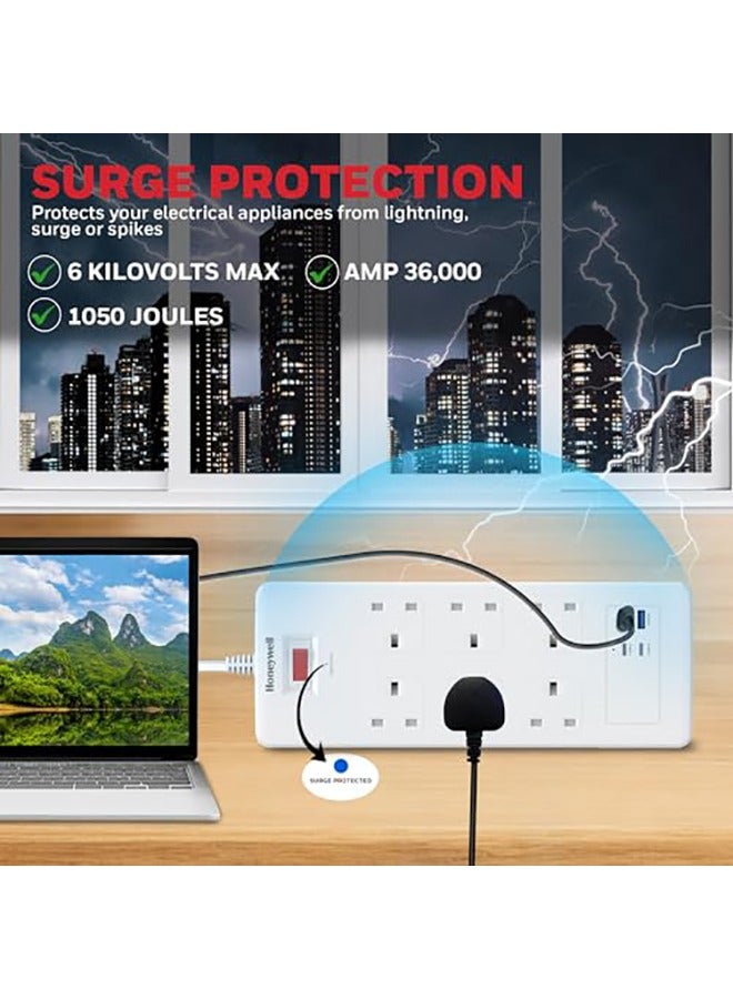 Honeywell - 6 Out Surge Protector With Master Switch, Spike Guard/Extension board/Power Strip, 6 Outlet, 2xPD20W And 2xUSB, 1050 Joules, 1.8 Meter Cord, DSW, Automatic Overload Protection, 3 Yrs Manufacturer Warranty White-Platinum Series - Image 1