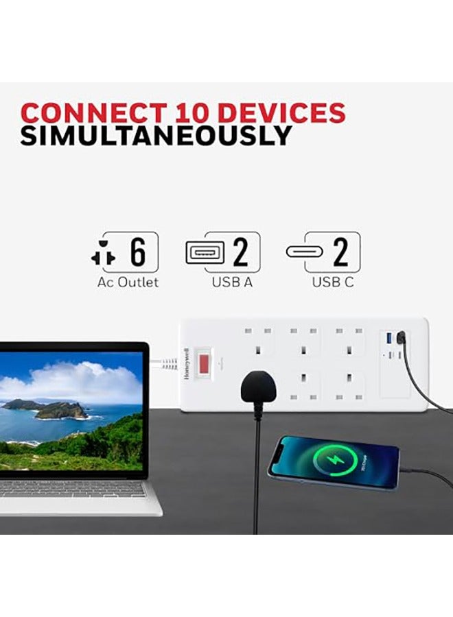 Honeywell - 6 Out Surge Protector With Master Switch, Spike Guard/Extension board/Power Strip, 6 Outlet, 2xPD20W And 2xUSB, 1050 Joules, 1.8 Meter Cord, DSW, Automatic Overload Protection, 3 Yrs Manufacturer Warranty White-Platinum Series - Image 1