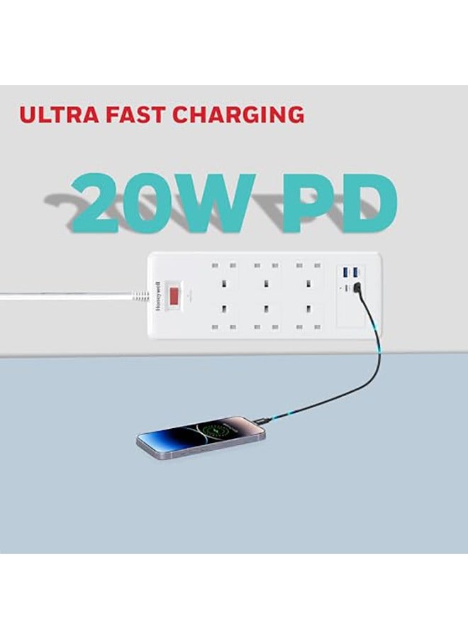 Honeywell - 6 Out Surge Protector With Master Switch, Spike Guard/Extension board/Power Strip, 6 Outlet, 2xPD20W And 2xUSB, 1050 Joules, 1.8 Meter Cord, DSW, Automatic Overload Protection, 3 Yrs Manufacturer Warranty White-Platinum Series - Image 1