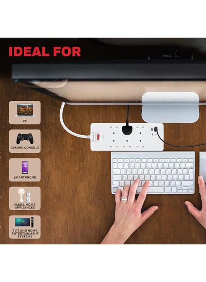 Honeywell - 6 Out Surge Protector With Master Switch, Spike Guard/Extension board/Power Strip, 6 Outlet, 2xPD20W And 2xUSB, 1050 Joules, 1.8 Meter Cord, DSW, Automatic Overload Protection, 3 Yrs Manufacturer Warranty White-Platinum Series - Image 1