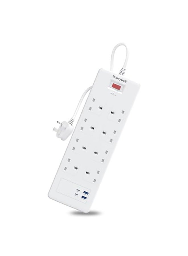 Honeywell 8 Out Surge Protector With Master Switch Spike Guard/Extension Board/Power Strip 8 Outlet 2Xpd20W And 2Xusb 1050 Joules 1.8 Meter Extension Cord Dsw Automatic Over Heat And Overcurrent Protection 3 Yrs Manufacturer Warranty Whiteplatinum Series White-Platinum Series  - Image 1