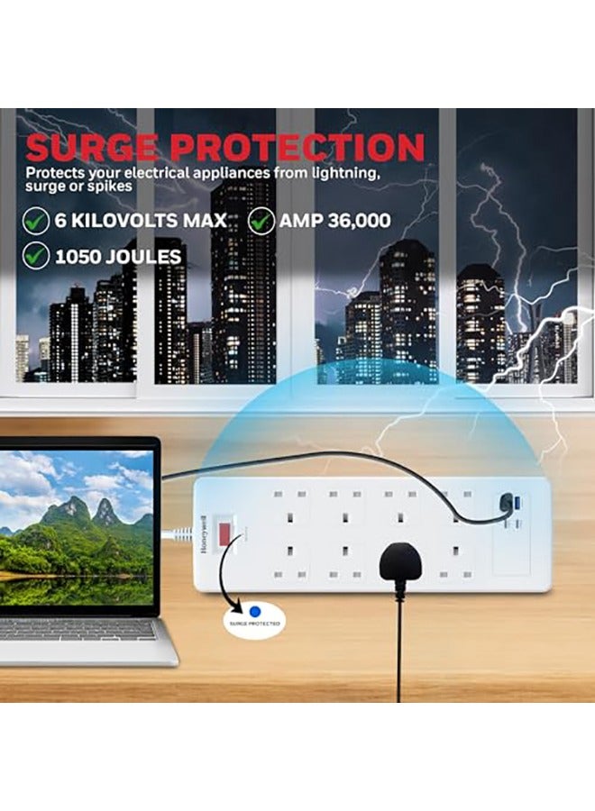 Honeywell 8 Out Surge Protector With Master Switch Spike Guard/Extension Board/Power Strip 8 Outlet 2Xpd20W And 2Xusb 1050 Joules 1.8 Meter Extension Cord Dsw Automatic Over Heat And Overcurrent Protection 3 Yrs Manufacturer Warranty Whiteplatinum Series White-Platinum Series  - Image 2